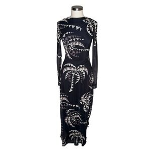 DRESS TO Palm Mesh Maxi Dress Black Coqueiral Print Open Back Women's Size XS